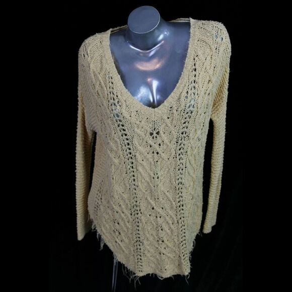 Free People Cross My Heart Sweater Oversized Open Knit Tunic Yellow Raw Hem XS - Picture 1 of 9
